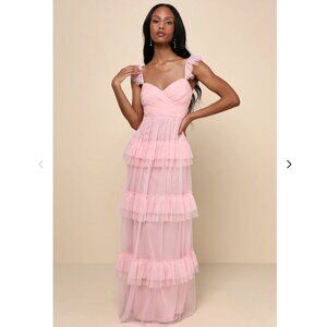 Pure Radiance Pink Mesh Swiss Dot Tiered Maxi Dress